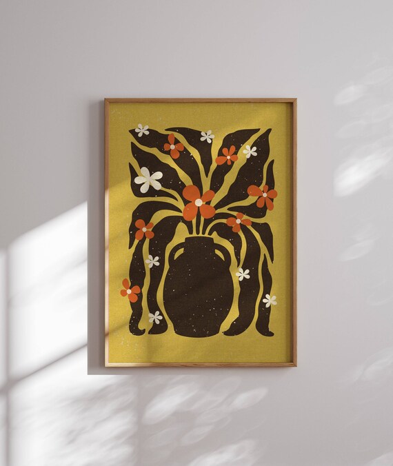 Retro Folk Flower Bouquet Mustard Yellow Vase Mid Century Boho Wall Poster