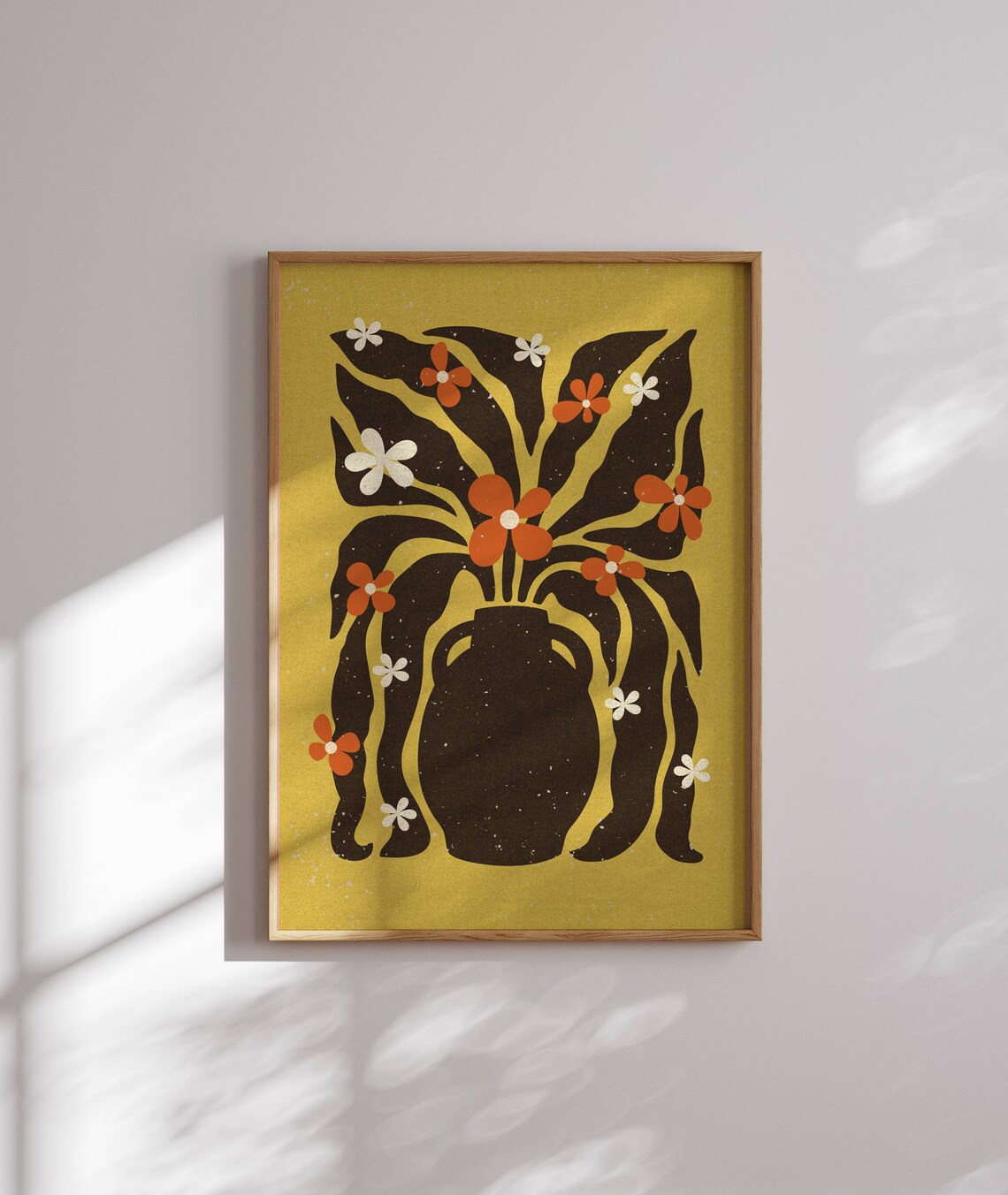Retro Folk Flower Bouquet Mustard Yellow Vase Mid Century Boho Wall Poster