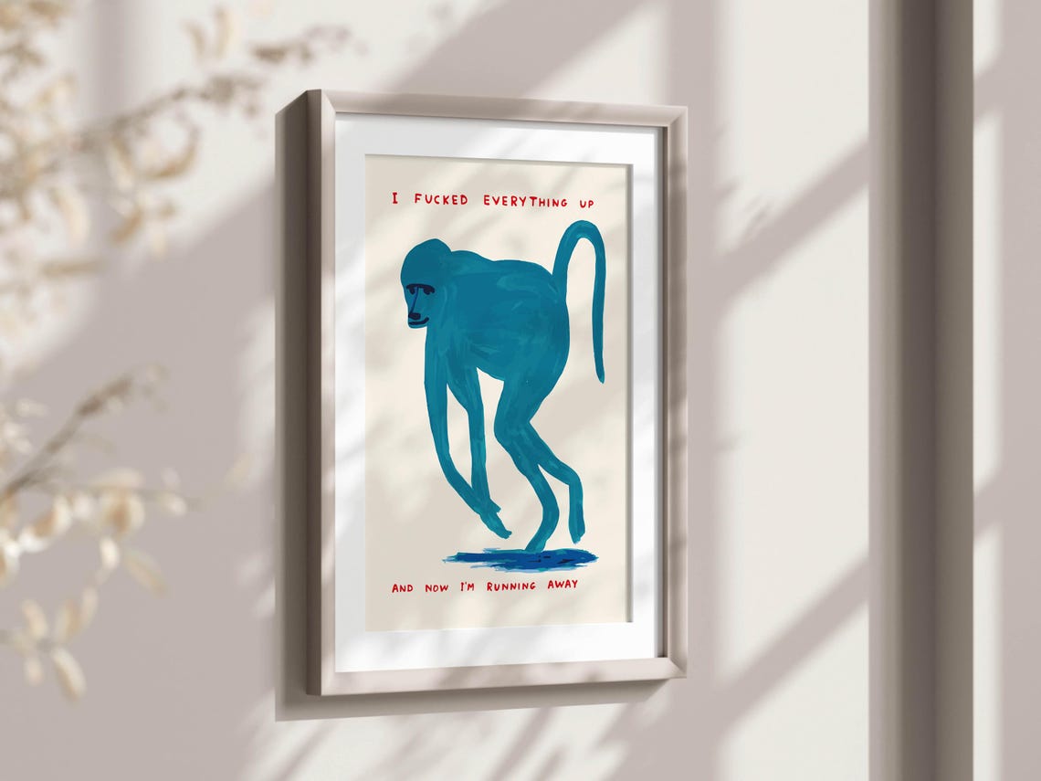 David Shrigley Blue Monkey Running Away Bold Absurdist Art Poster - Image 2