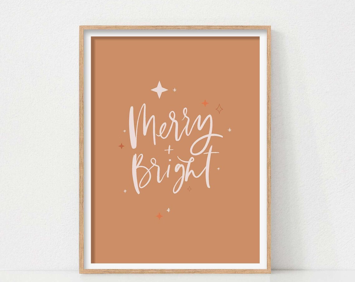 Merry And Bright Christmas Quote Art Print, Boho