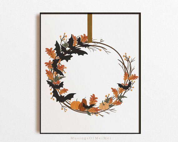 Cute Halloween Wreath with Bats and Pumpkins Autumn Wall Poster