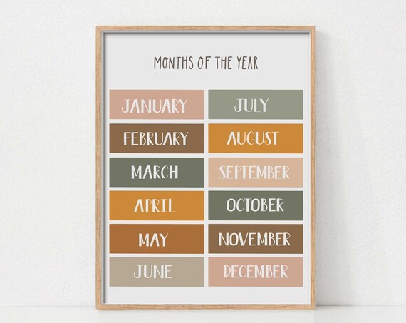 Months Of The Year Educational Print Boho Nursery Wall Art Homeschool Decor Playroom Montessori Prints