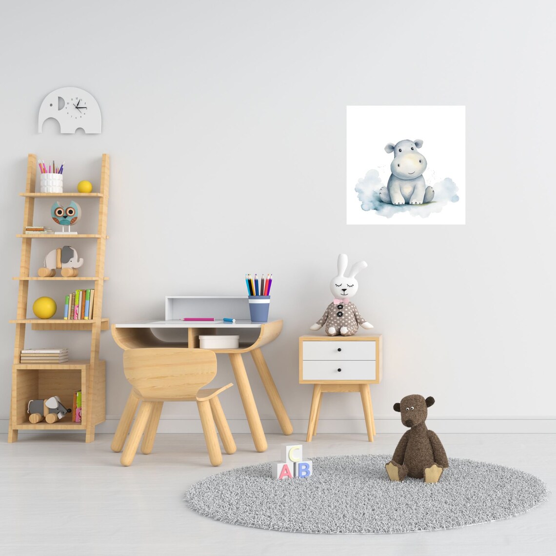Cheerful Baby Hippo Watercolor Blue Wash Nursery Animal Poster - Image 5