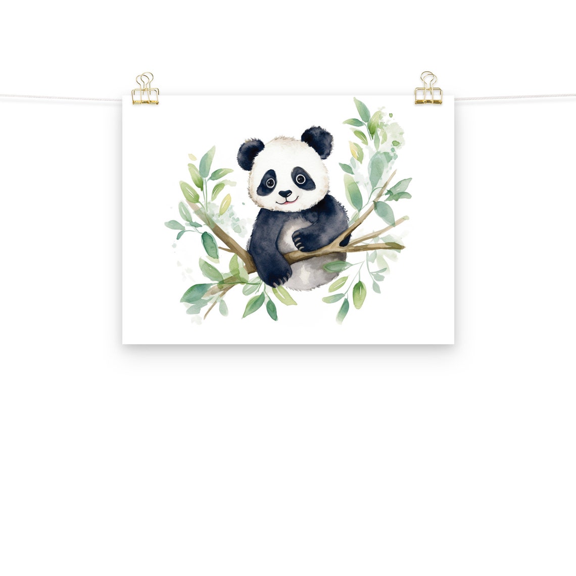 Cute Baby Panda on Tree Branch Watercolor Leaves Nursery Poster - Image 2