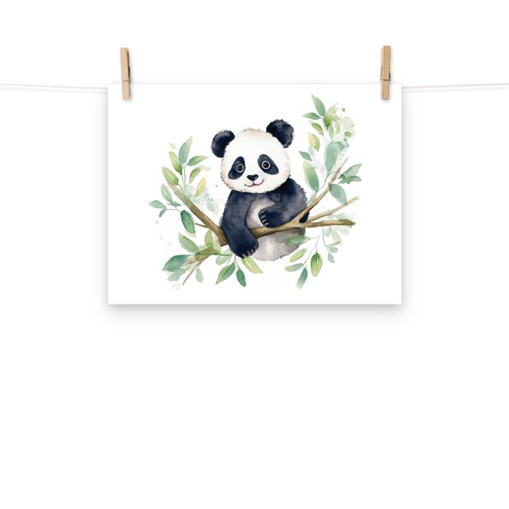 Cute Baby Panda on Branch Watercolor Green Leaves Nursery Wall Art