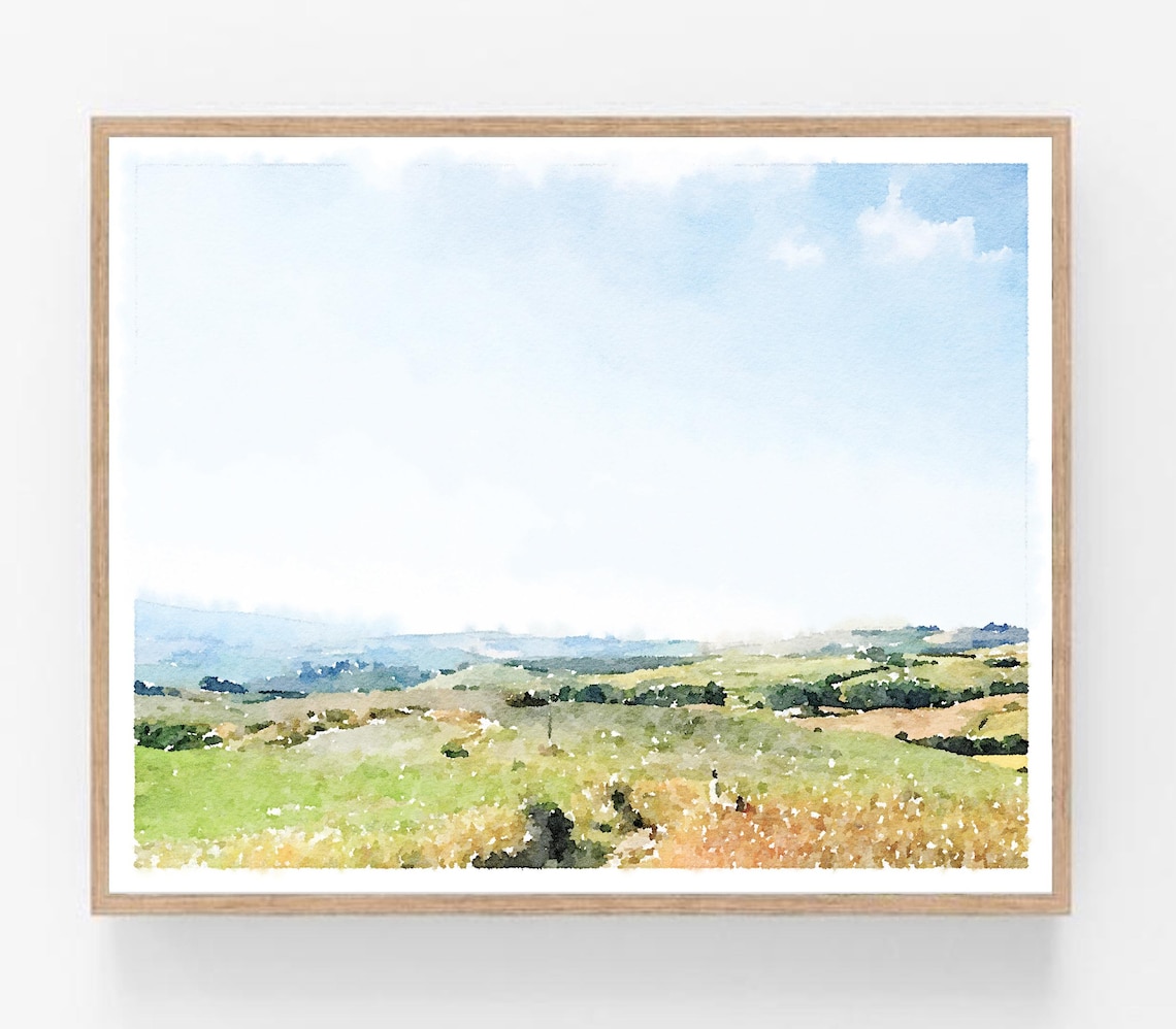 Rolling Green Hills Watercolor Poster with Serene Countryside Landscape