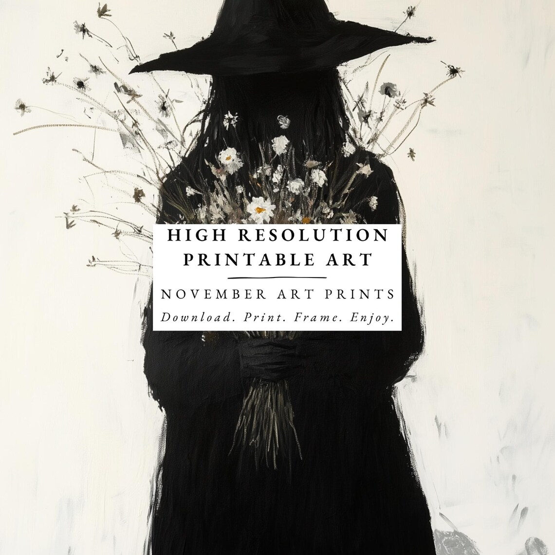 Gothic Witch Holding Wildflowers Dark Academia Silhouette Poster - Image 3