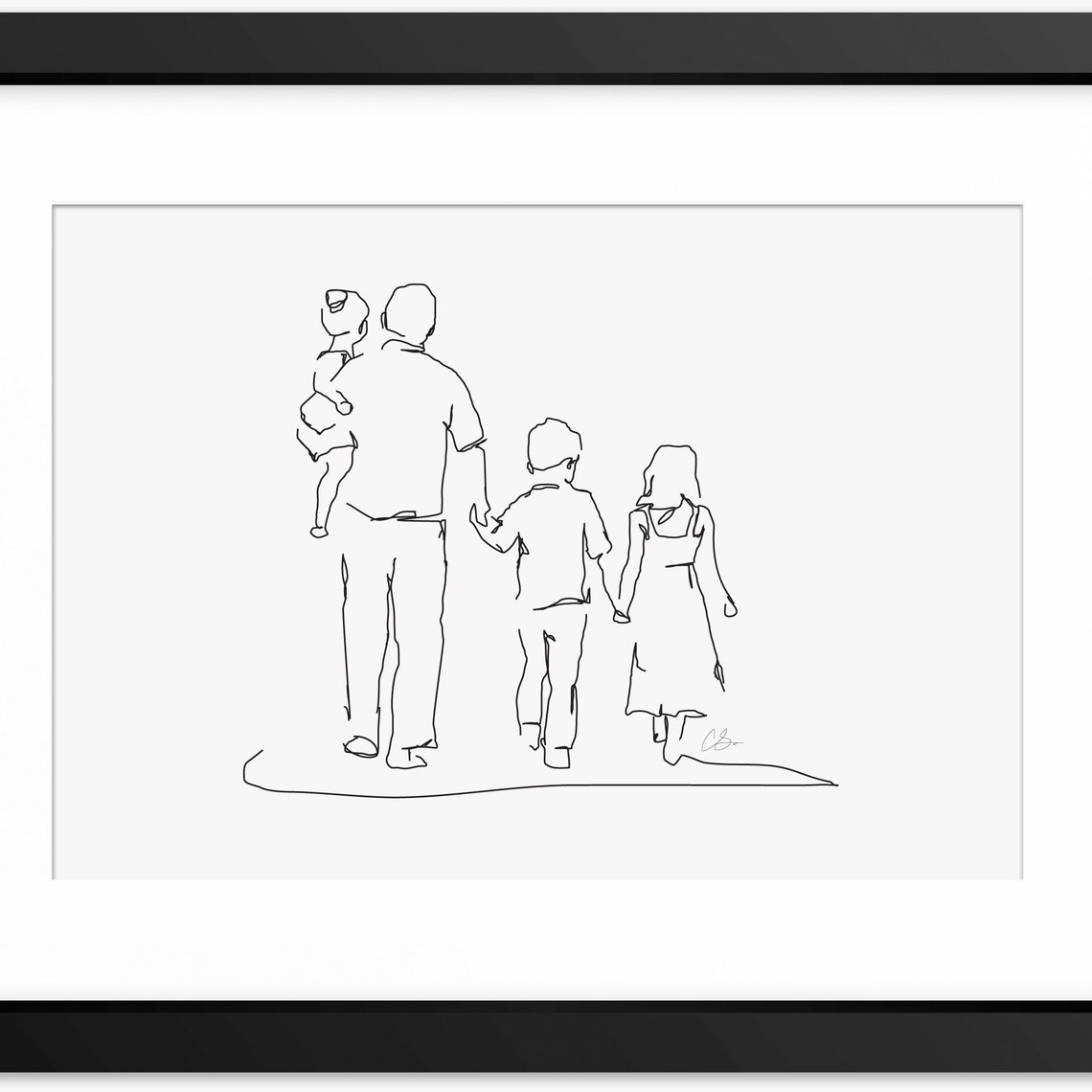 Father Carrying Toddler on Shoulders Walking with Kids Line Art Poster
