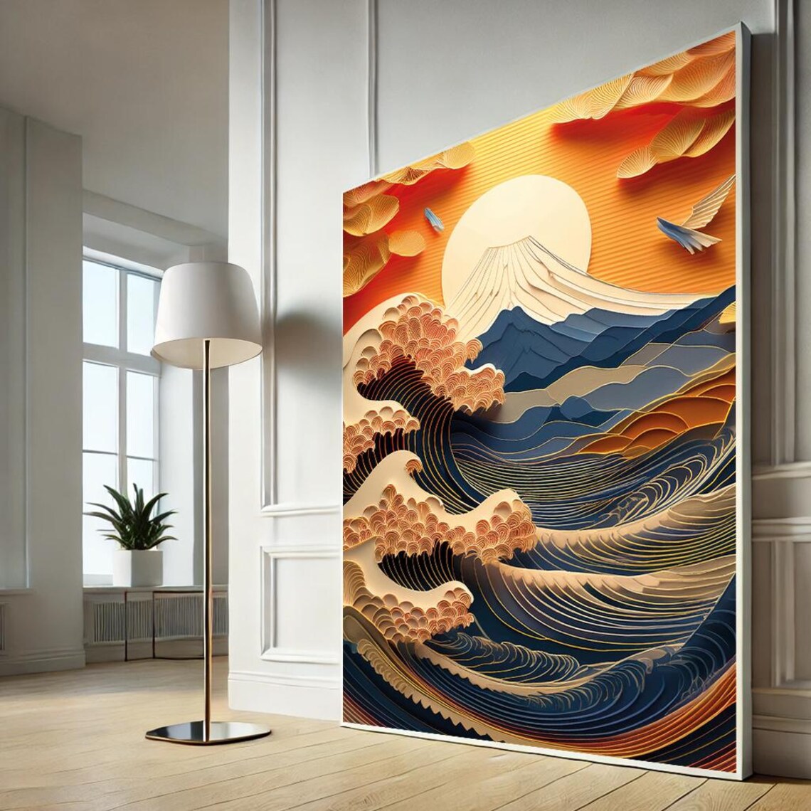 Quilled Great Wave Mount Fuji Sunrise Golden Paper Art Poster