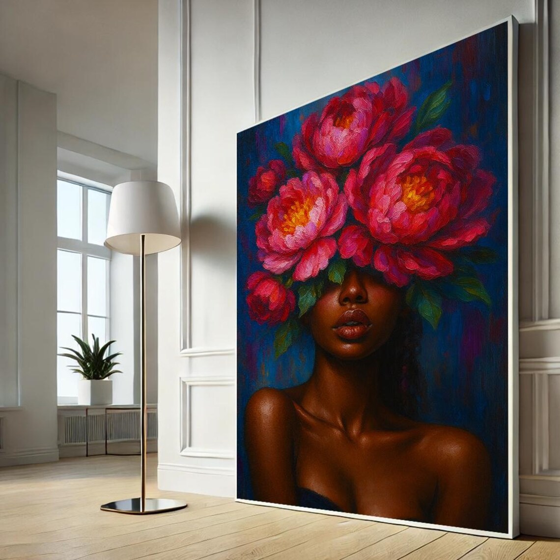 Woman with Peony Crown Pink Flowers Dark Blue Portrait Art Poster