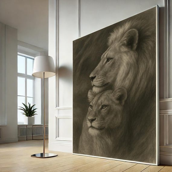 Lion Couple Sepia Canvas Wall Art Print Majestic Wild Animal Portrait Safari Style Home Decor