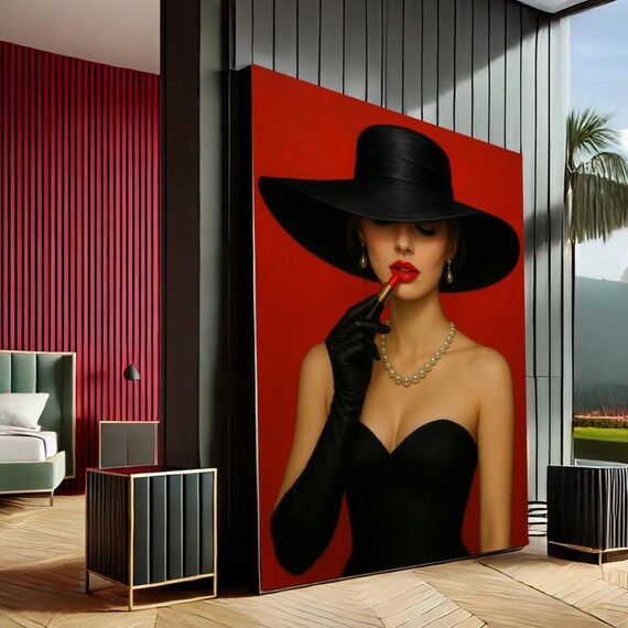 Glamorous Woman Red Lips Black Hat Vintage Beauty Portrait Poster