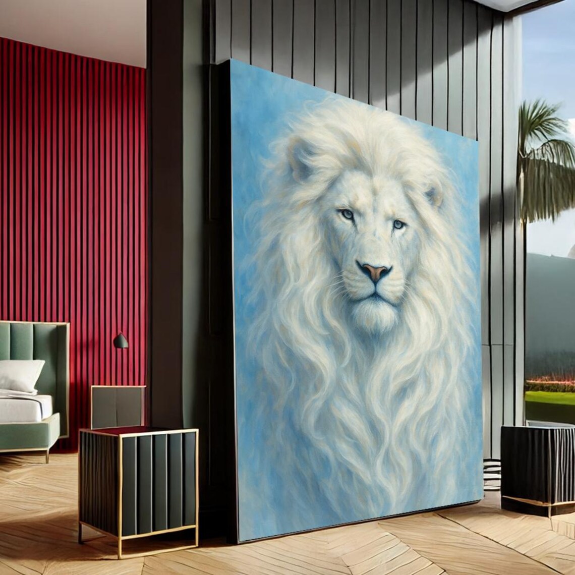 Majestic White Lion Portrait on Ice Blue Modern Canvas Print