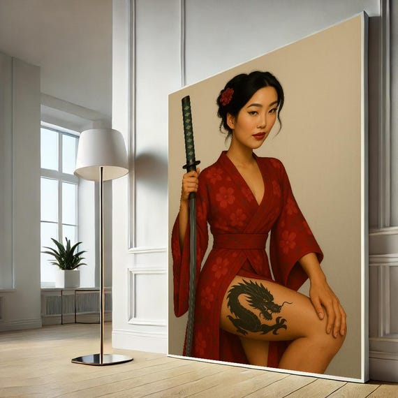 Elegant Asian Geisha Woman With Dragon Tattoo Captivating Red Kimono Canvas Wall Art Modern Living Room Bedroom Decor