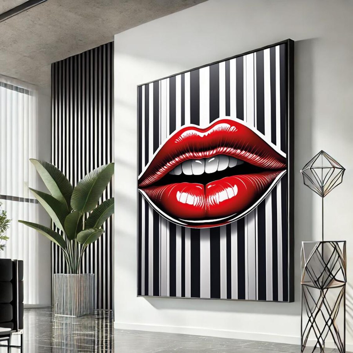 Bold Red Glossy Lips Pop Art Black White Striped Modern Fashion Wall Art