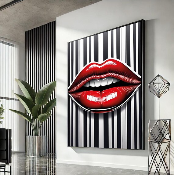 Bold Red Glossy Lips Pop Art Black White Striped Modern Fashion Wall Art