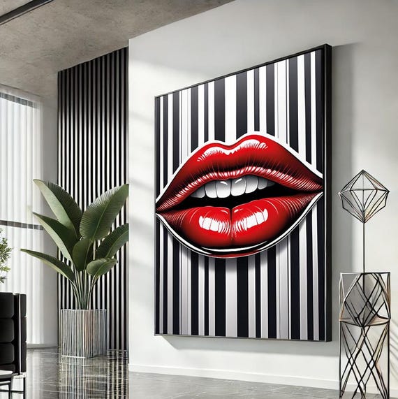 Woman Lips Pop Art Canvas Red Wall Modern Trendy Fashion Artwork Statement Home Accent Unique Gift For Lovers