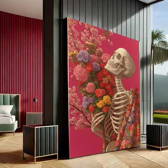 Radiant Skeleton With Flowers Pop Art Canvas Wall Print Red Floral Living Room Decor Statement Piece