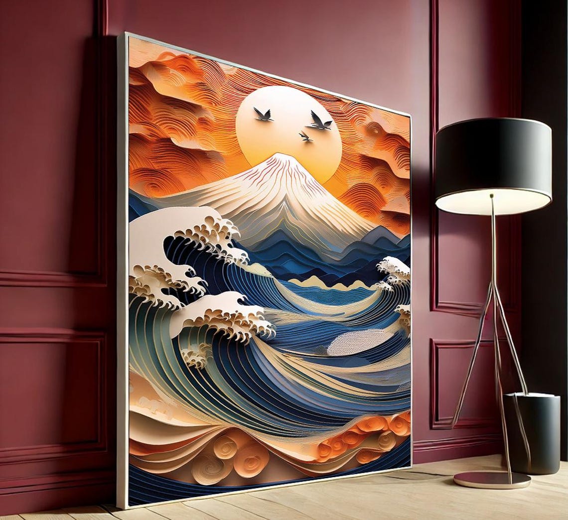 Hokusai Great Wave Layered Paper Art Sun Birds Mount Fuji Print