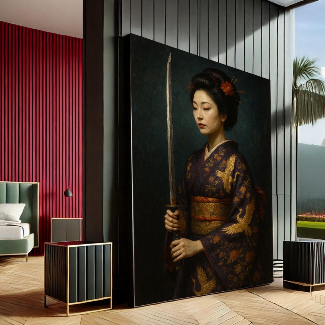 Japanese Woman Navy Kimono Golden Cranes Katana Sword Wall Art