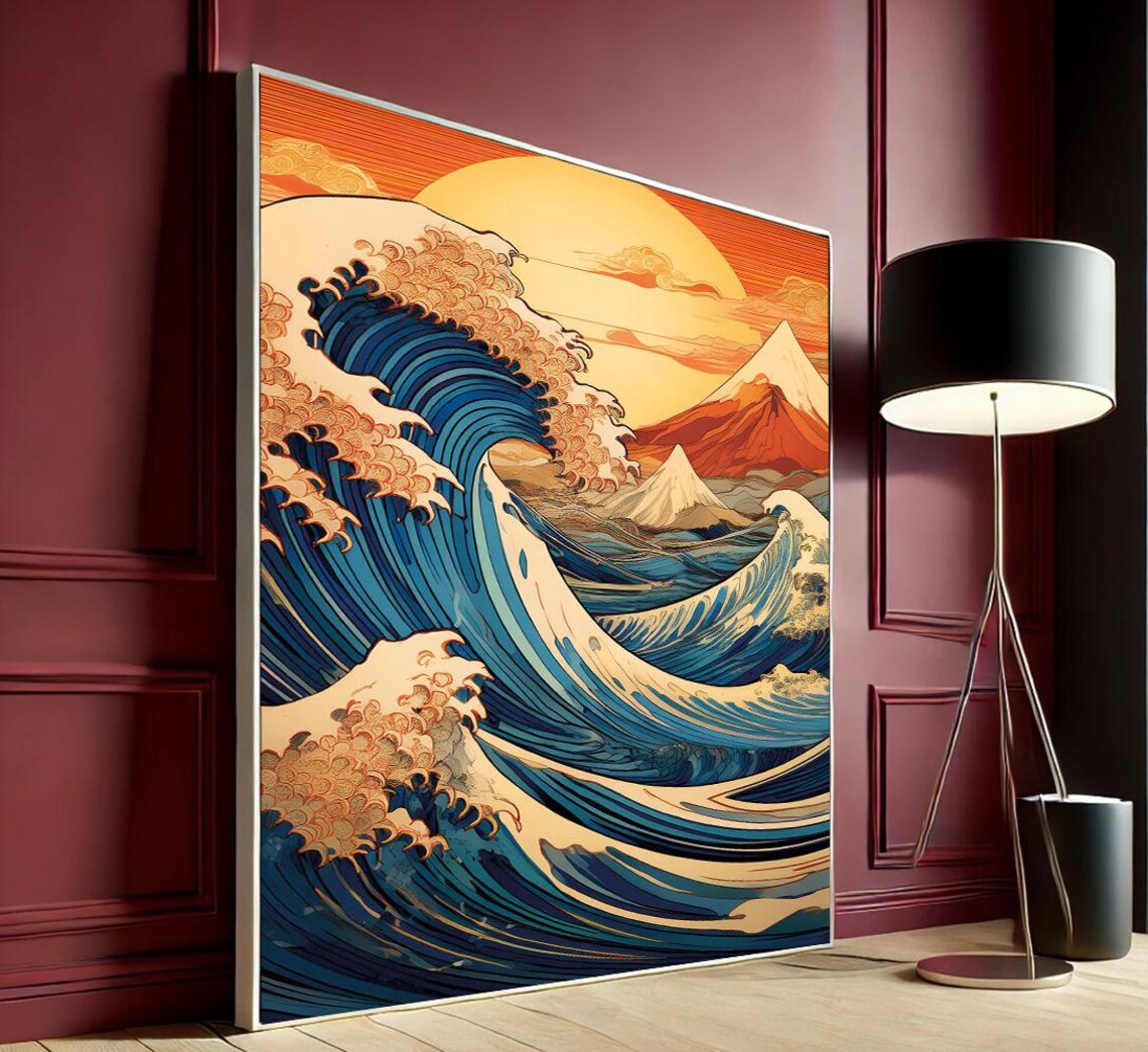 Great Wave Golden Sun Mount Fuji Hokusai Style Japanese Art Poster