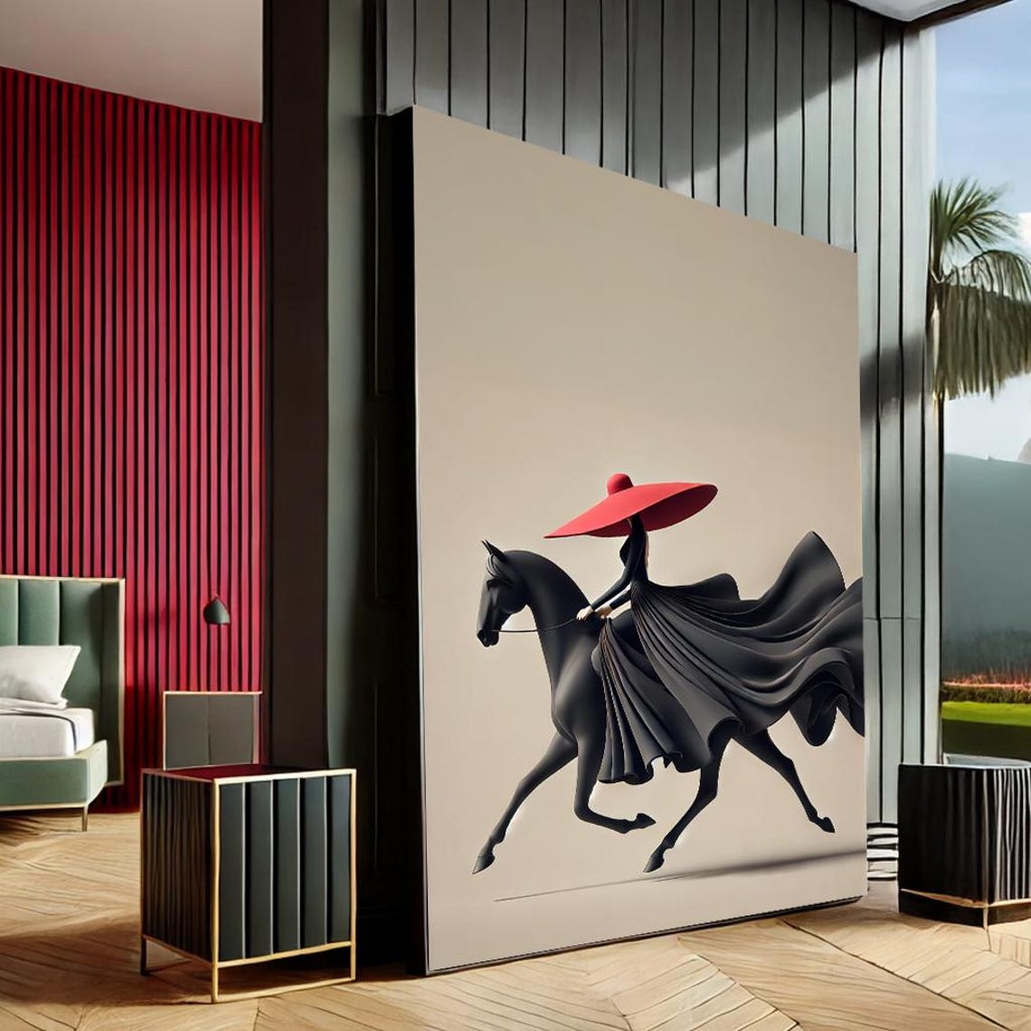 Black Horse Rider Red Hat Flowing Dress Sculptural Minimal Art Poster