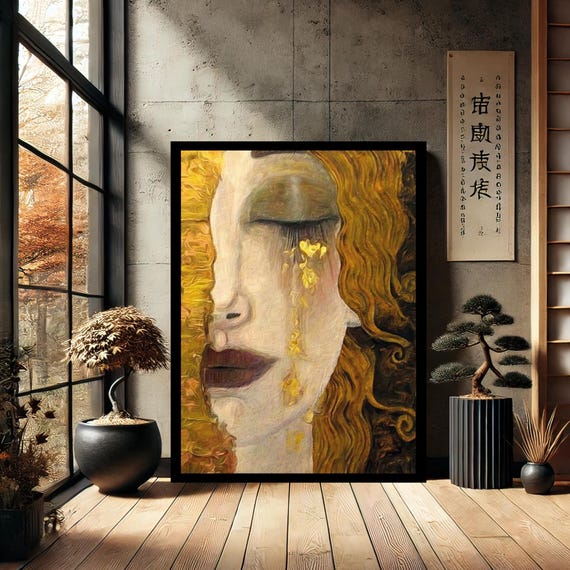 Golden Tears Woman Modern Canvas Wall Art Abstract Home Decor Print