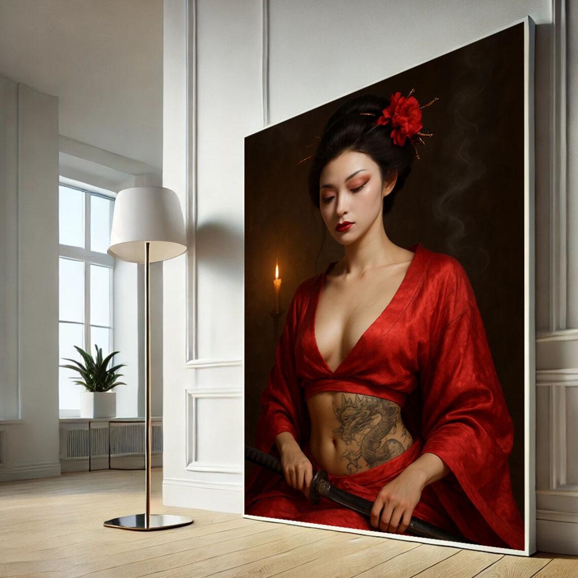 Japanese Woman Red Kimono Dragon Tattoo Katana Night Wall Art