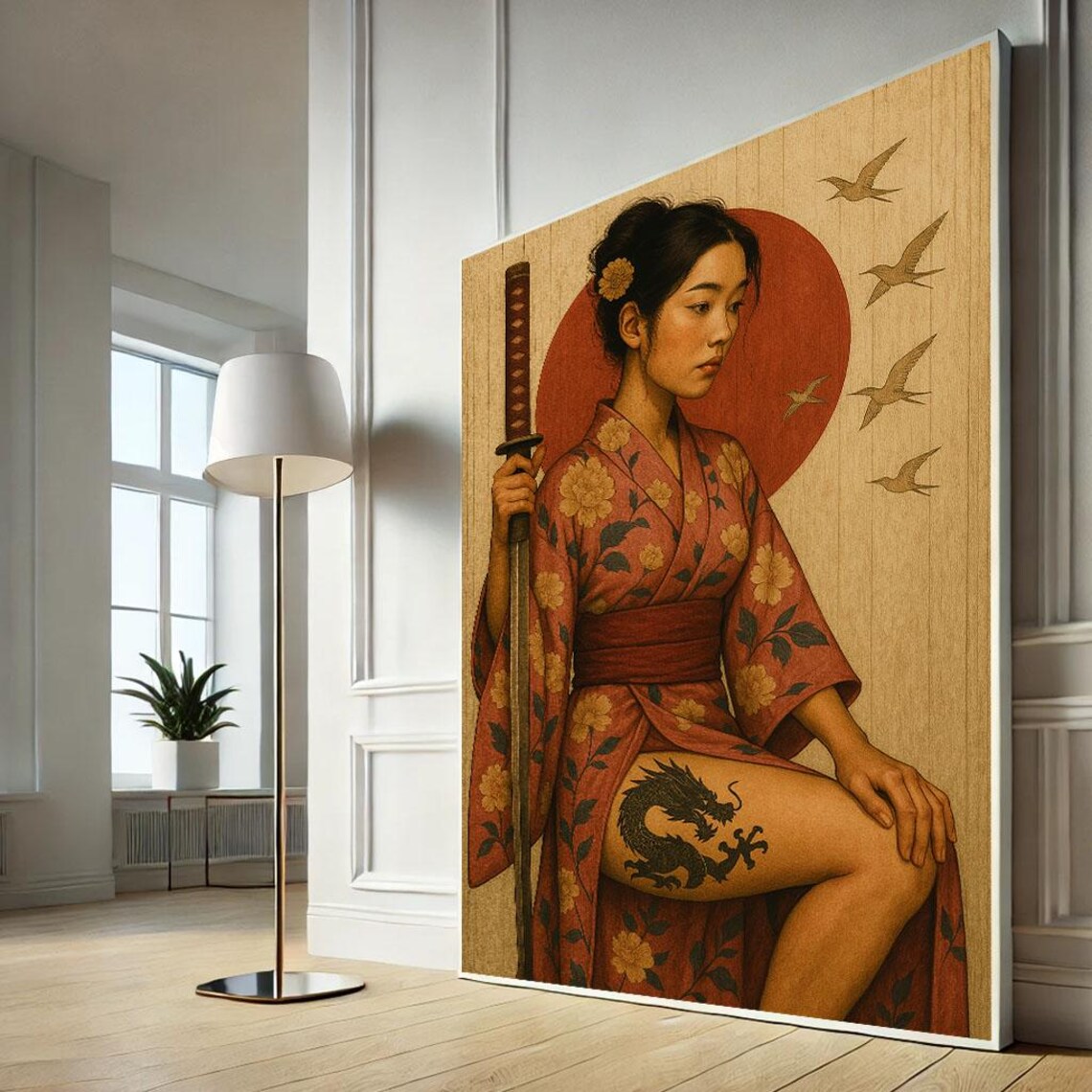 Japanese Samurai Woman Kimono Katana Dragon Tattoo Red Sun Poster