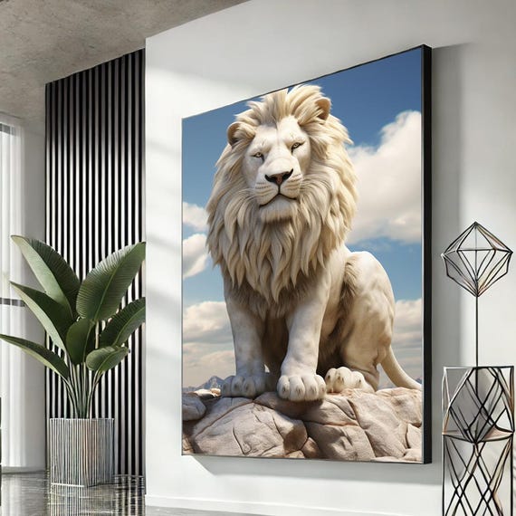 Majestic White Lion Portrait Canvas Wall Art Print Modern Living Room Decor Statement Piece