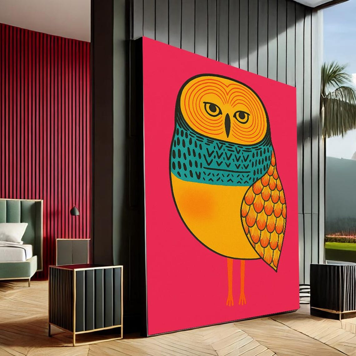 Colorful Owl Pop Art Poster Teal Orange Red Retro Style Portrait
