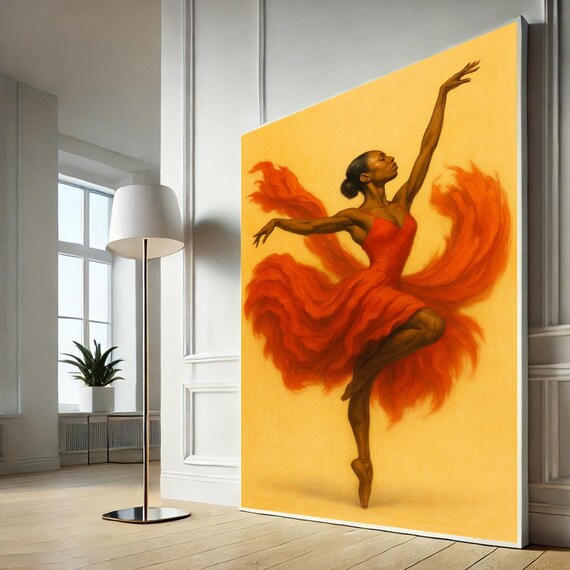 Elegant Ballerina Red Dress Golden Background Dance Art Poster