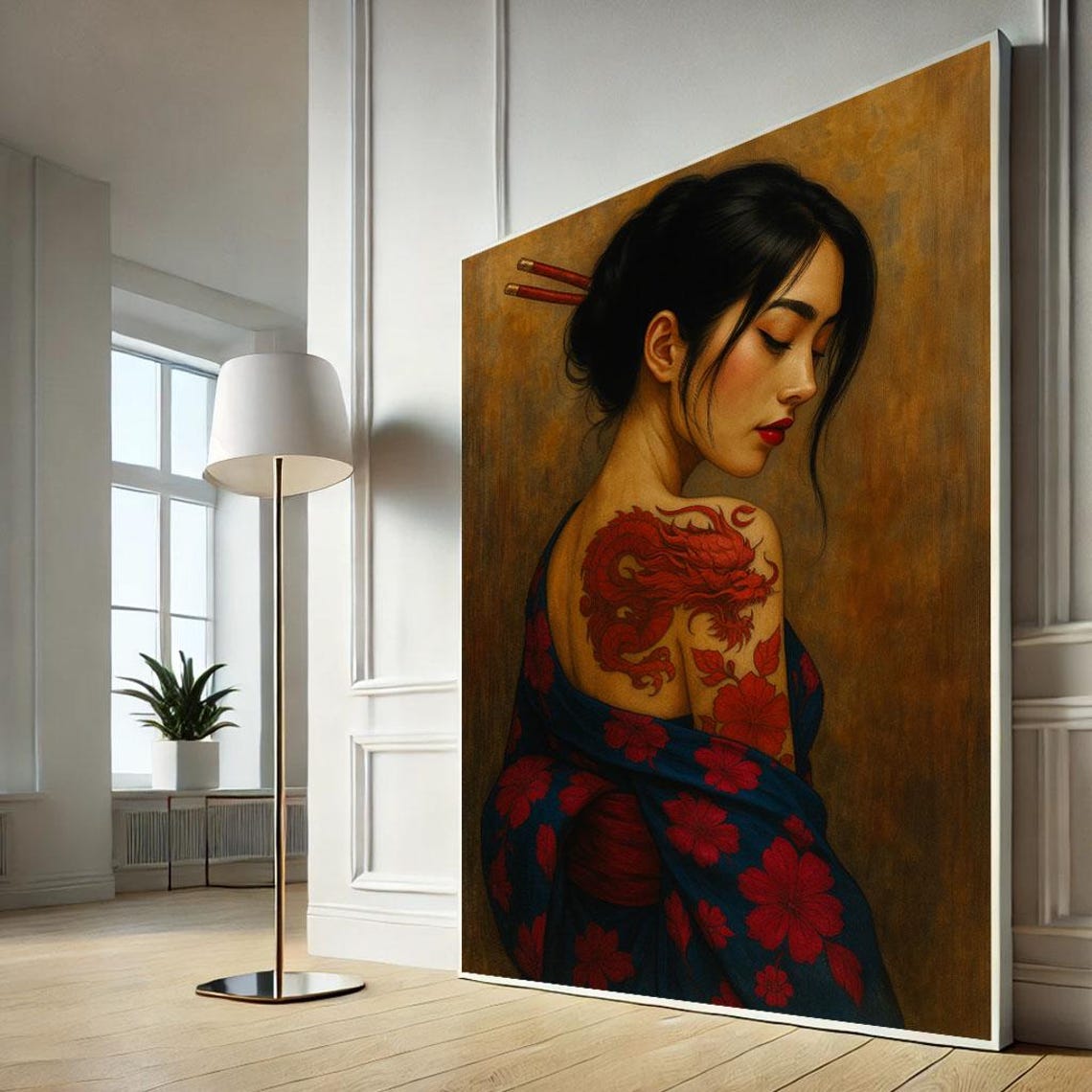 Japanese Geisha With Dragon Tattoo Canvas Wall Art Print Elegant Bedroom Decor Statement Piece