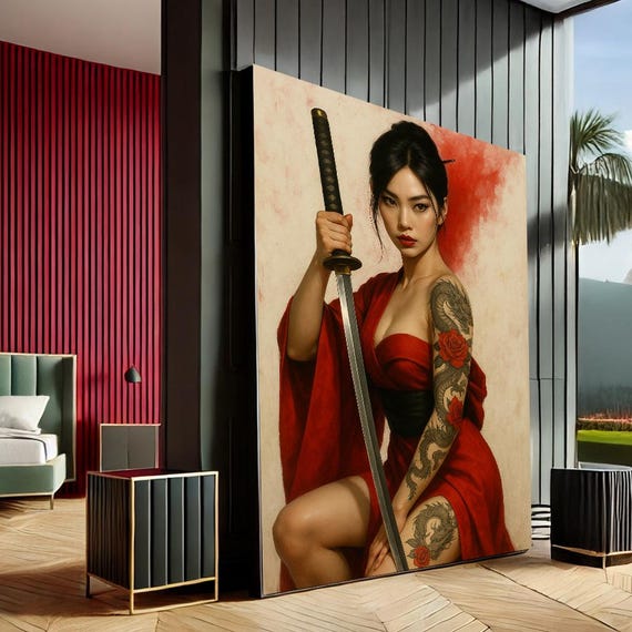 Empowering Samurai Woman Modern Canvas Wall Art Print Red Black Living Room Decor Statement Piece