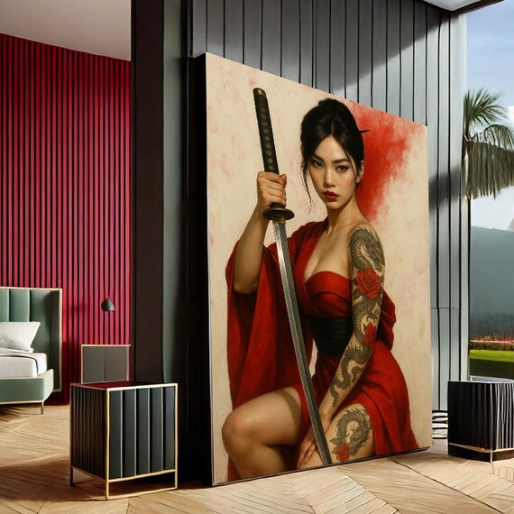Samurai Woman Red Kimono Katana Dragon Tattoos Japanese Art Poster