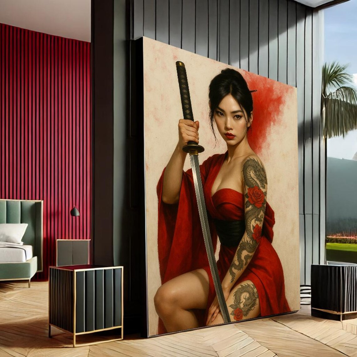 Samurai Woman Red Kimono Katana Dragon Tattoos Japanese Art Poster