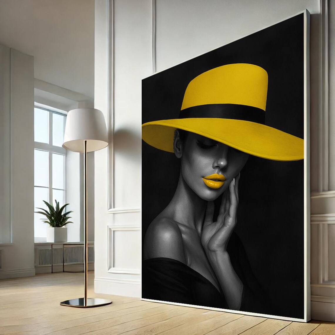 Yellow Hat Woman Black White Portrait Canvas Wall Art Elegant