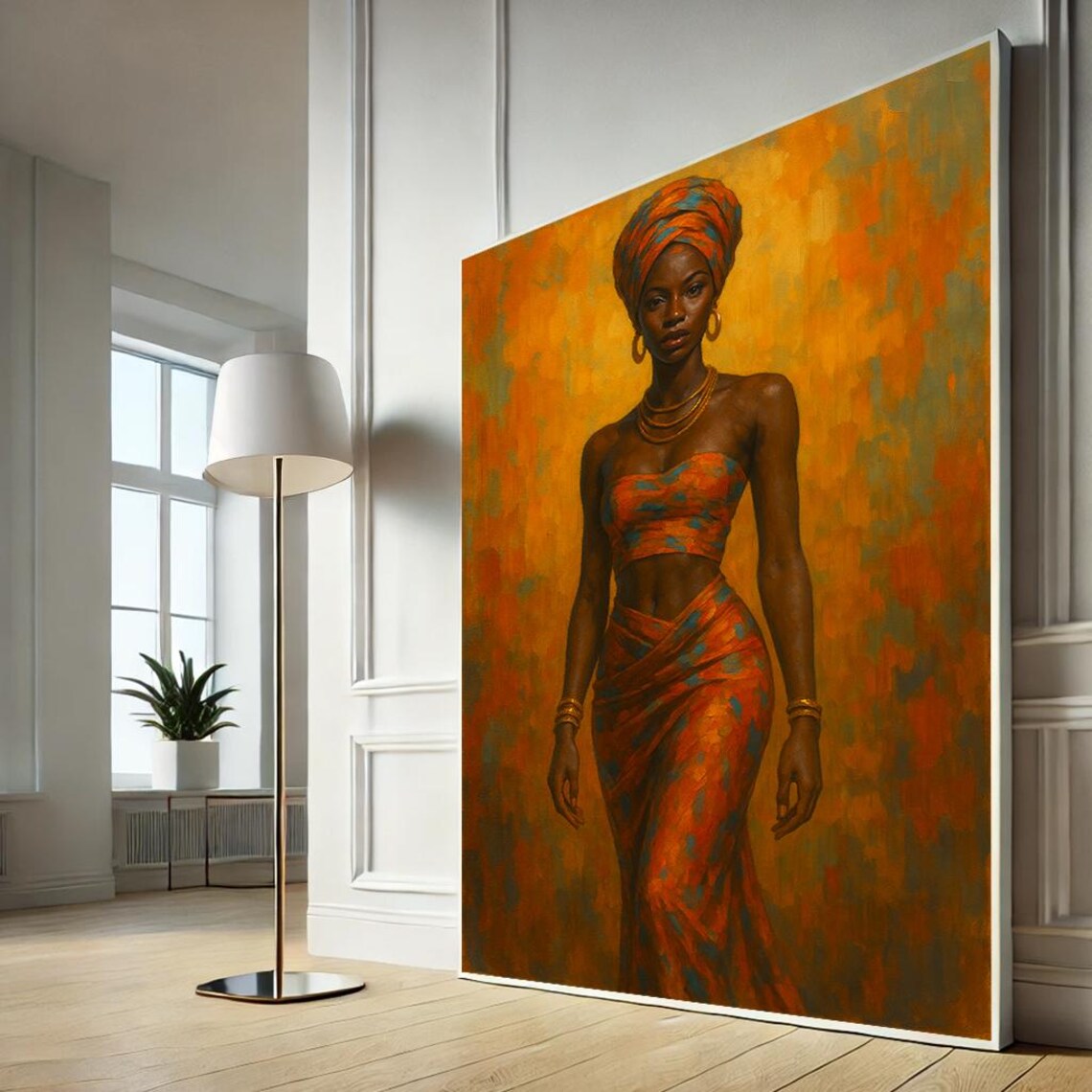 Elegant African Woman Orange Headwrap Gold Painting Art Poster