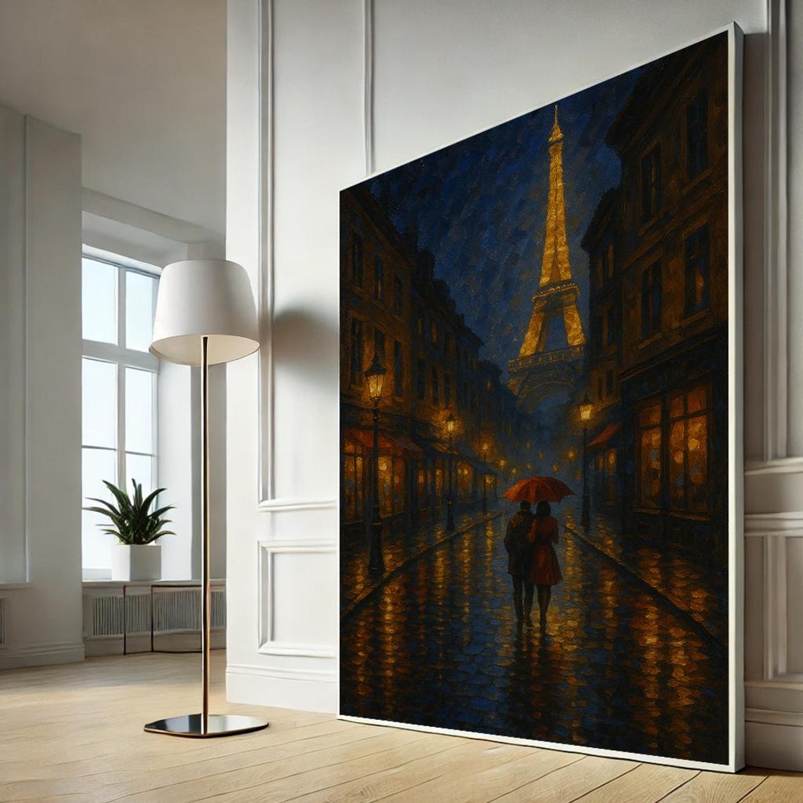 Paris Eiffel Tower Night Rainy Street Couple Oil Painting Style Poster