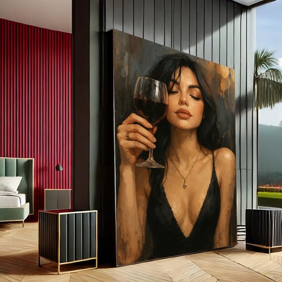 Elegant Woman with Wine Glass Modern Dark Figurative Painting Poster