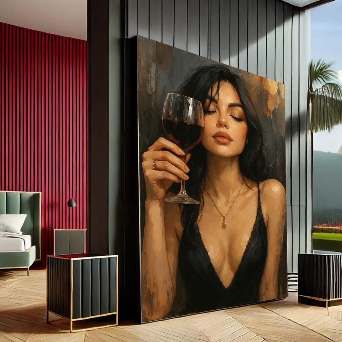 Elegant Woman with Wine Glass Modern Dark Figurative Painting Poster