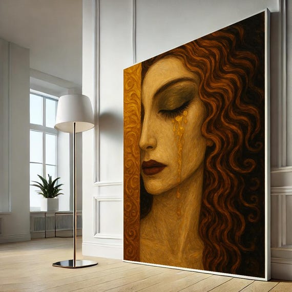 Majestic Surreal Woman Canvas Art Golden Tears Painting For Bedroom Whimsical Ethnic Home Decor Unique