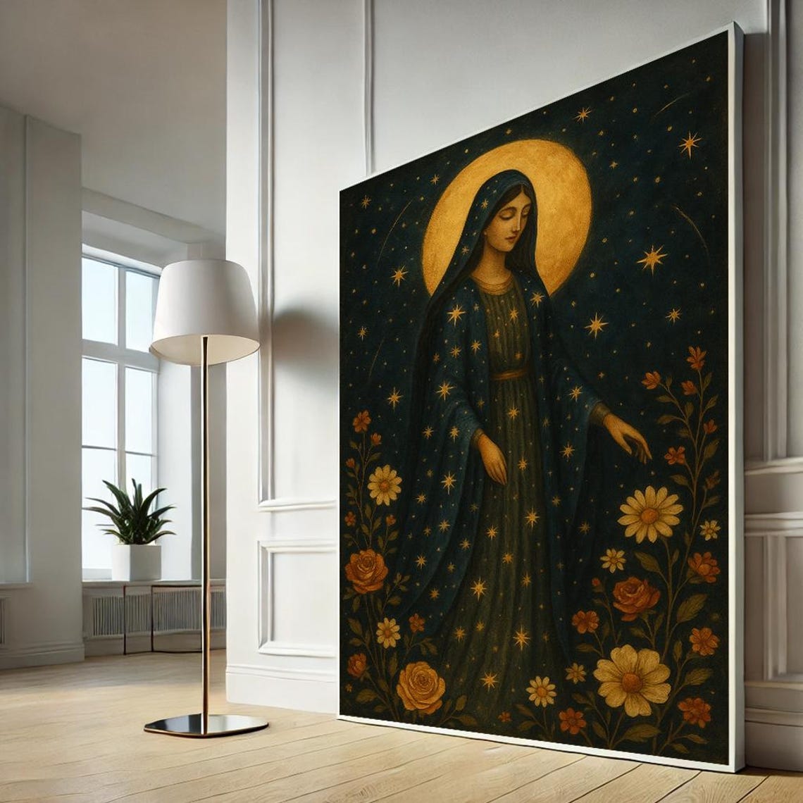 Virgin Mary Starry Night Golden Halo Floral Religious Wall Poster
