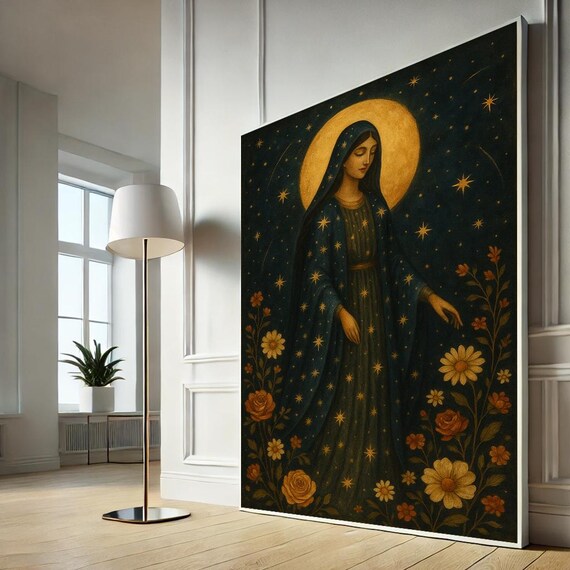 Virgin Mary Starry Night Golden Halo Floral Religious Wall Poster