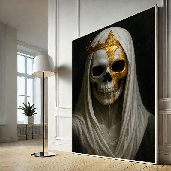Bold Skull Art With Golden Crown Striking Canvas Wall For Living Room Bedroom Decor Unique