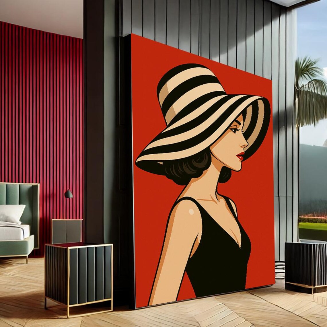 Vintage Woman Pop Art Striped Sun Hat Red Black Glamour Poster