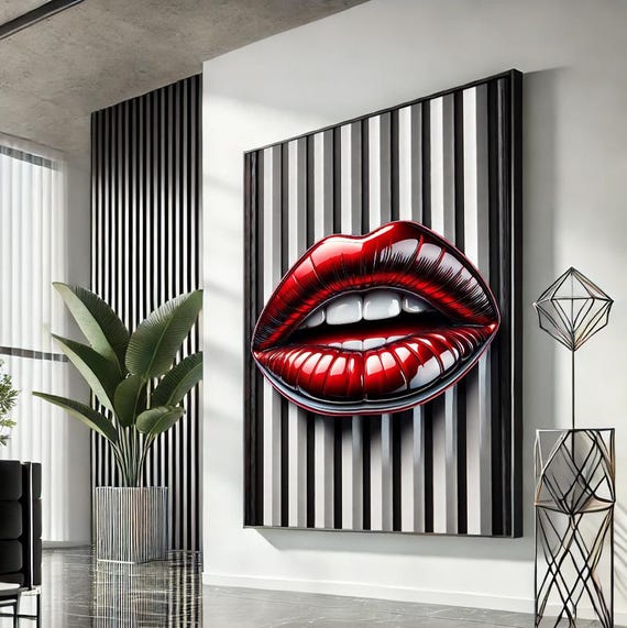 Woman Lips Pop Art Canvas Red Wall Modern Trendy Fashion Artwork Statement Home Accent Unique Gift For Lovers