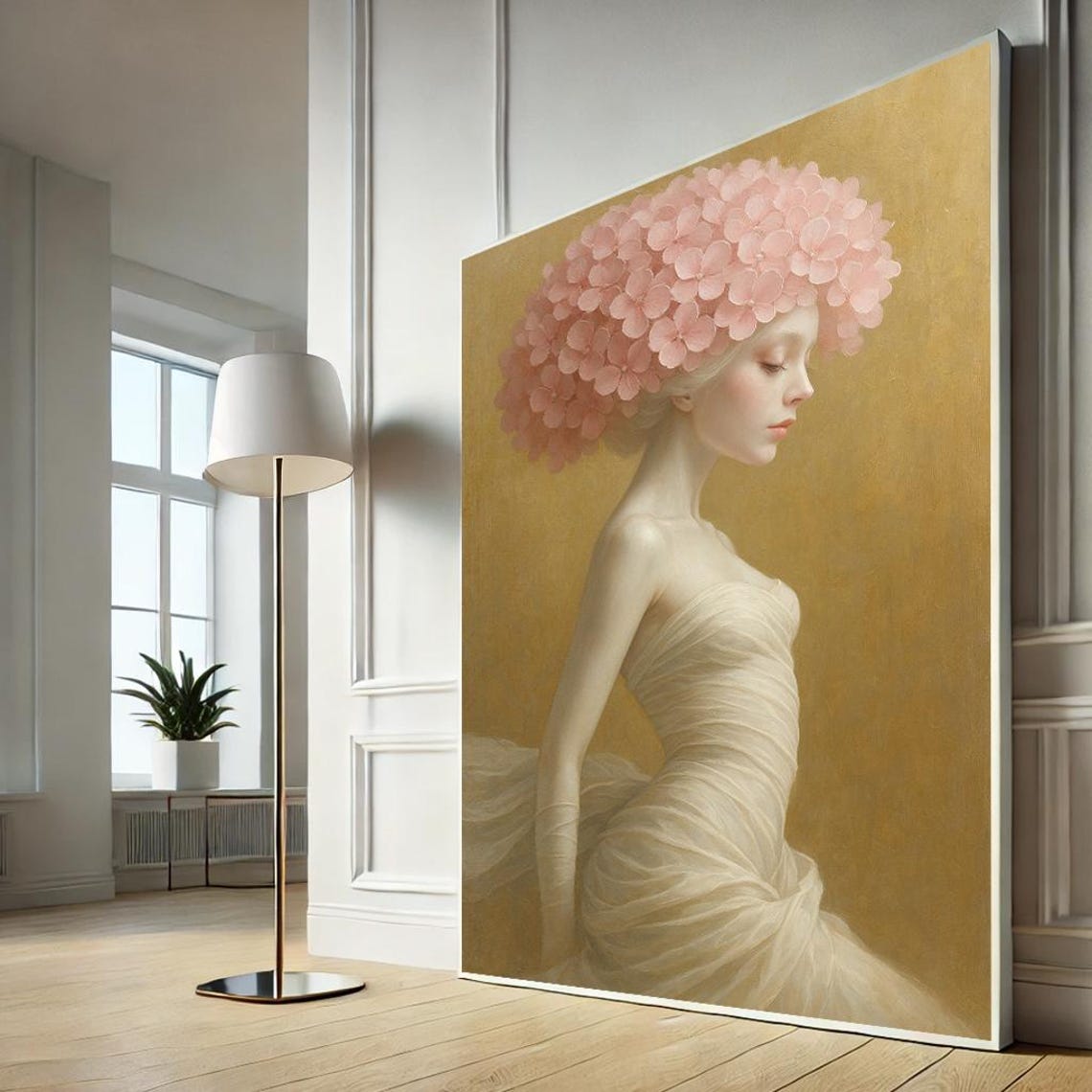 Dreamy Woman Pink Hydrangea Blossom Hair Gold Portrait Fantasy Poster