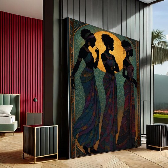 African Women Silhouettes Golden Sun Ethnic Elegant Wall Art