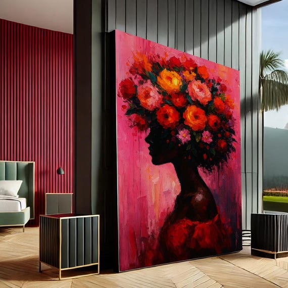 Vibrant Floral Silhouette Abstract Canvas Wall Art Print Red Orange Living Room Decor Statement Piece